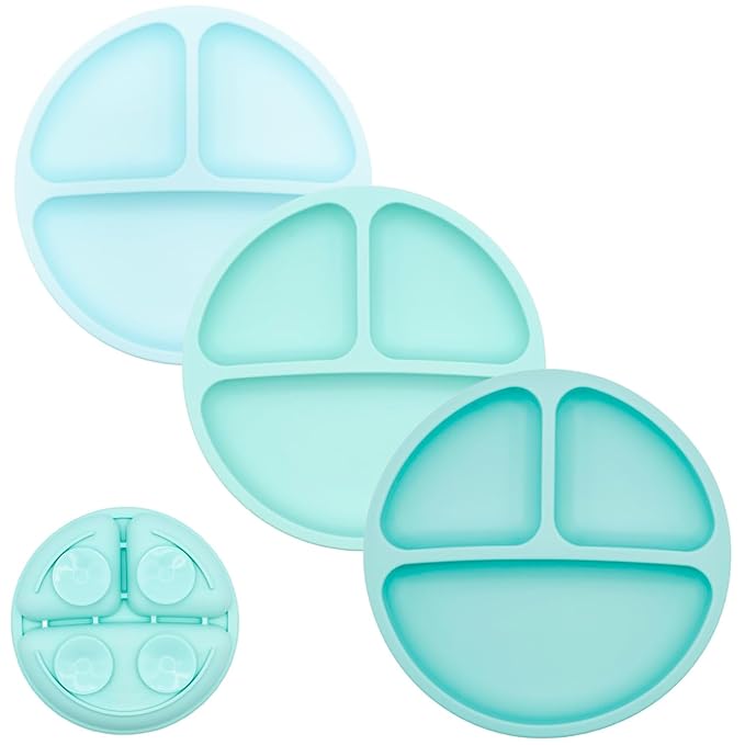 WeeSprout Suction Plates for Babies & Toddlers - 100% Silicone, Dinnerware Stays Put, Divided Design for Picky Eaters, Microwave & Dishwasher Friendly, 3 Pack