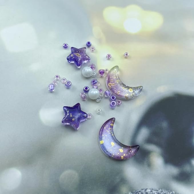Assorted Glass Beads for Jewelry Making Multi Size Colors Glass Star Moon Seed Pearl Spacer Beads for Bracelets Necklace Earring Making(White Light Purple)