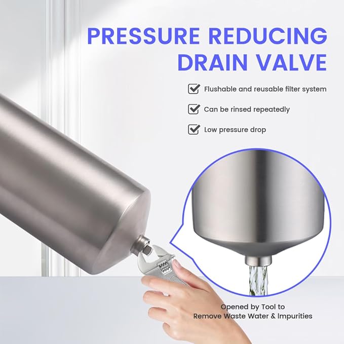Amwater NSF/ANSI 42 Certification 304 Stainless Steel Filter Housing for 10" Filter Cartridge, 1/2NPT Water Filter Housing, Drain Valve Style C (Square Head)