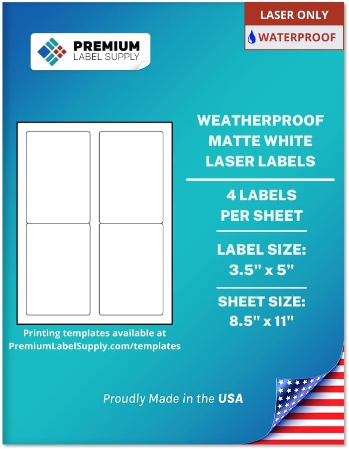 Premium Label Supply Waterproof Matte White Sticker Labels – 3.5" x 5" – Laser Printers Only – (4 per Sheet), 500 Sheets - 2,000 Total Adhesive Labels