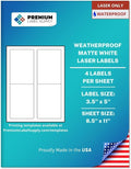 Premium Label Supply Waterproof Matte White Sticker Labels – 3.5" x 5" – Laser Printers Only – (4 per Sheet), 500 Sheets - 2,000 Total Adhesive Labels