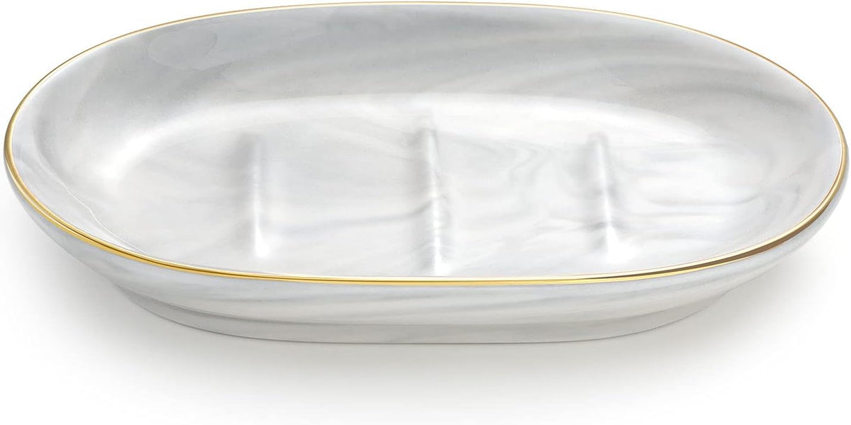 Luxspire Soap Dish Holder, Ceramic Marble Soap Tray Bar Soap Holder with Gold Trim, Oval Sponge Case Box Hand Soap Plate Container for Bathroom Vanity Shower Kitchen Sink Easy Cleaning, Marble White