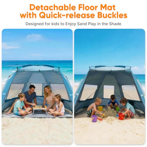 Golabs BT1 Pop up Beach Tent Sun Shelter for 3-Person, 1-Minute Setup by Pre-Attached Pole & UPF 50+, Beach Shade with Detachable Floor Mat, Mesh for Clear View & Airflow, only 7 lbs & Pocket and Hook - color: CAMEL
