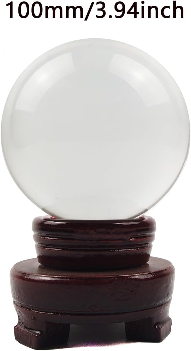 Crystal Ball, Glass Balls, Decorative Balls, Clear Crystal Ball with Wooden Stand, K9 Glass Ball for Home Decoration, Photography, FengShui,Fortune Teller Accessories (100mm)