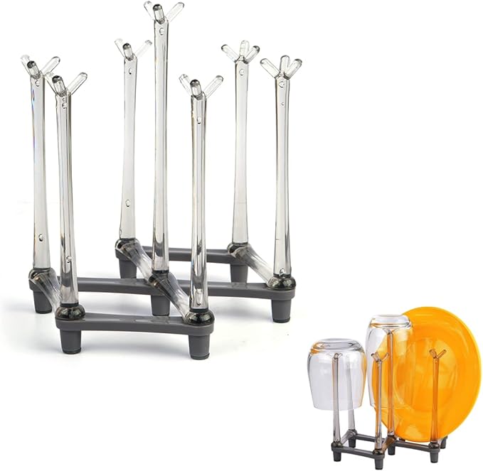 Retractable Cup Drying Rack, Drinking Glass Drainer Stand, Baby Bottle & Sports Bottle Draining Organizer, Countertop Mug Tree, Mugs Tea Cups Storage Rack with Non-Slip Bottom, PP Material, Gray-1 Pcs