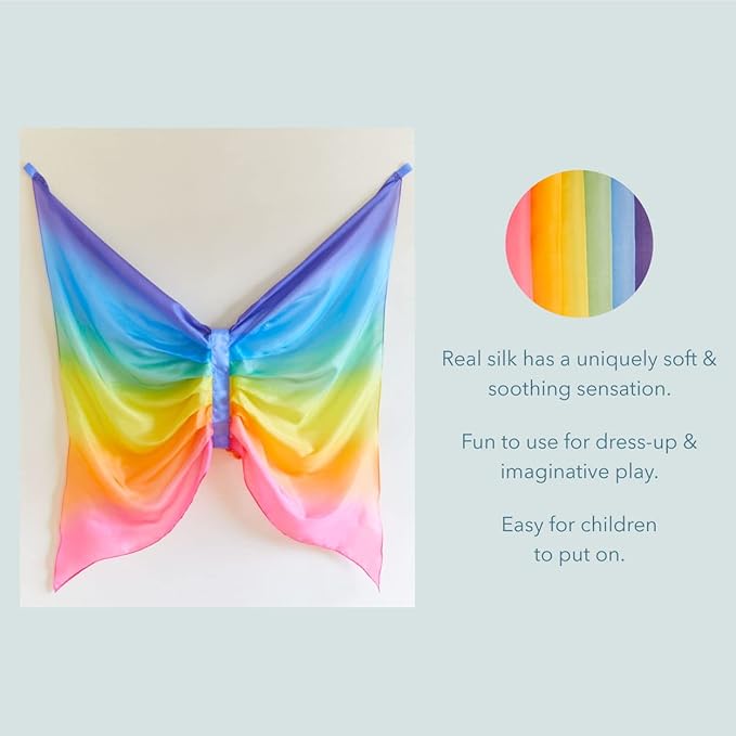 Sarah's Silks Rainbow Fairy Wings | Butterfly Costume for Kids, Real Natural Silk Montessori Waldorf Toys Dress Up for Pretend Play | Hand Dyed Toy for Girls and Boys Ages 3-8