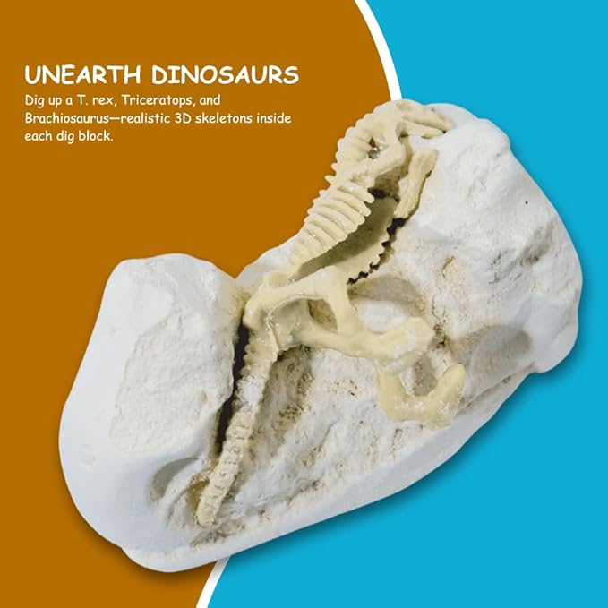 Dinosaur Fossil Digging Kit for Kids, Excavation Science Toy with Tools & 3 Dinosaur Skeletons (T-Rex, Triceratops, Brachiosaurus), Fun Educational Gift for Boys & Girls, Ages 6+