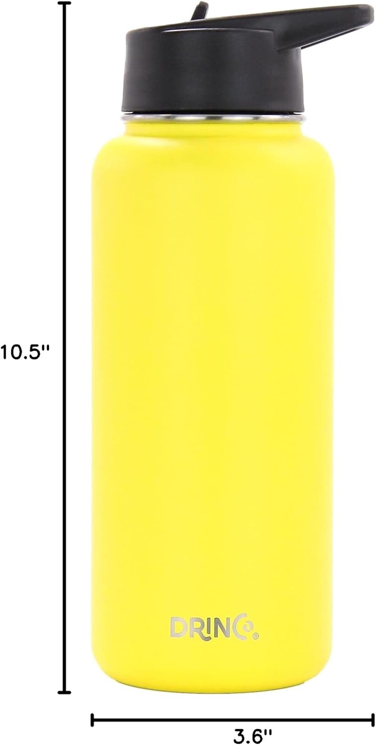 DRINCO Stainless Steel Water Bottle Spout Lid Vacuum Insulated Double Wall Water Bottle Wide Mouth (40oz 32oz 22oz 18oz 14oz) Leak Proof Keeps Cold or Hot (32 oz, 32oz Illuminating Yellow)
