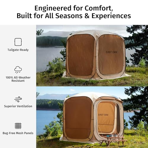 East Oak 12×12 FT Pop Up Canopy Tent with Mesh | Outdoor Screen House with 6 Sunshades | Instant Canopy with Portable Carry Bag | Gazebo Tent for Camping, Patio, and Beach | Beige - size: 12*12 FT