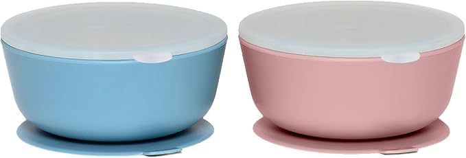 WeeSprout Suction Bowls for Baby & Toddlers (Set of 2) - 100% Silicone w/Plastic Lid - Leak Proof Feeding Supplies - Dishwasher & Microwave Safe Infant Dinnerware w/Extra Strong Base