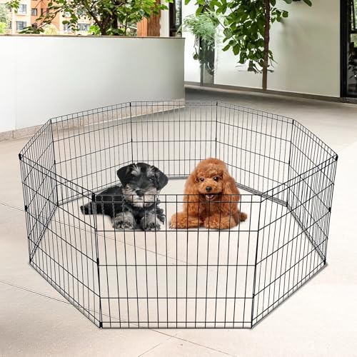 FDW 24 Inch Dog Pen 8 Panel Dog Playpen Indoor Outdoor Metal Puppy Pet Fence Portable Folding Animal Exercise Fence,Black