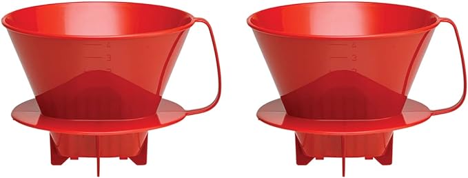 Fino Pour-Over Coffee Brewing Filter Cone, Number 4-Size, Red, Brews 8 to 12-Cups, Set of 2