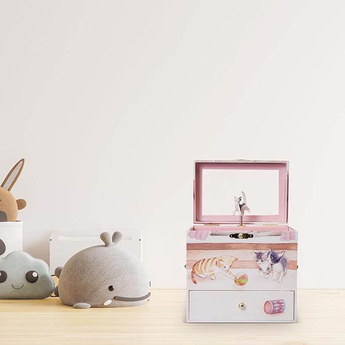 Curious Kittens Musical Jewelry Box Cat Spins to Ode to Joy 3 Pullout Drawers Treasure Storage