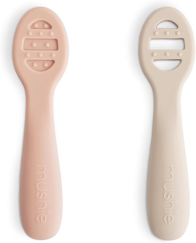 mushie Silicone First Feeding Baby Spoons | 2 Pack (Blush/Shifting Sand)