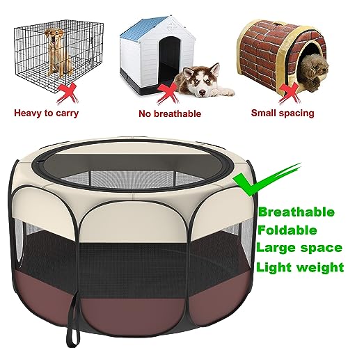 Portable Pet Puppy Dog Cat Playpen, 8-Panel Indoor/Outdoor Puppy Pen with Shade Cover & Travel Bag - Waterproof Dog Cat Tent - color: Brown, style: Large(45"x45"x24" with free bonus)