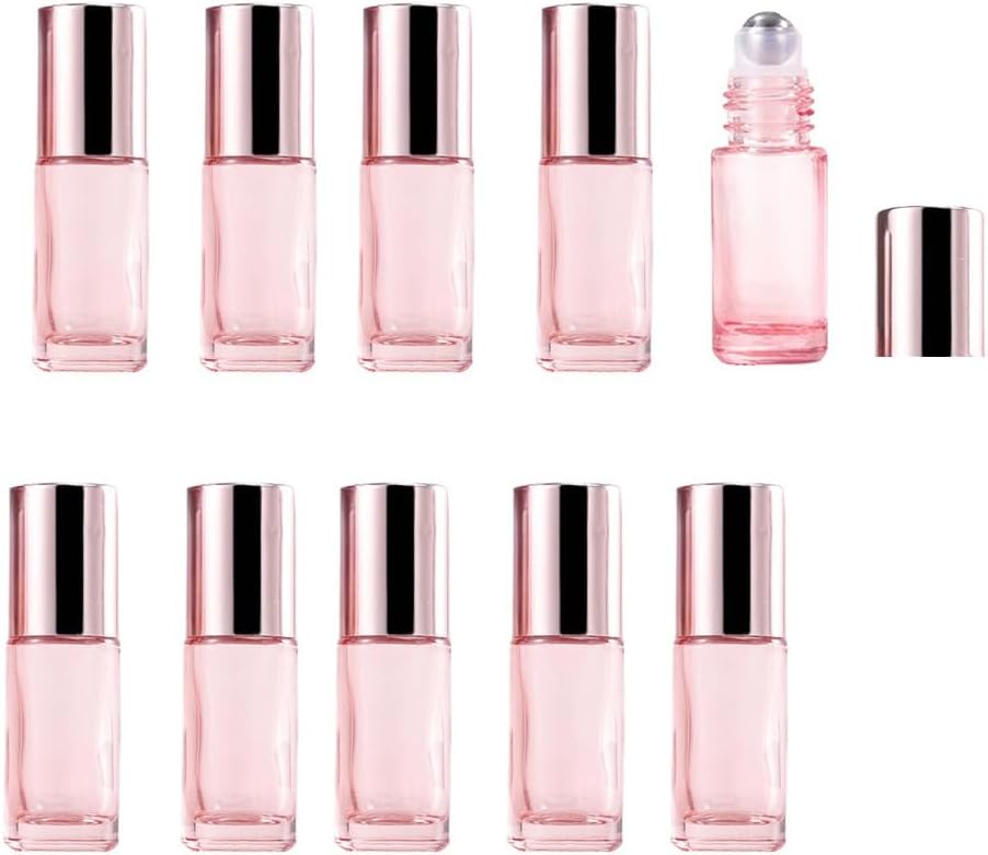 10 Pack Glass Essential Oil Roller Bottles,5ml Pink Roller Bottles with Stainless Steel Roller Balls,Refillable Massage Roller Bottle Perfume Bottle for Travel