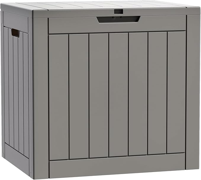 Modern-Depo 31 Gallon Waterproof Storage Deck Box Patio Furniture Organization Container with Lockable Lid, PP Outdoor Side Table for Garden, Yard, Poolside, Gray