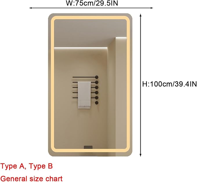 Bathroom Mirror with LED Lights，Bathroom Led Mirror ，LED Mirror for Bathroom，Backlit Bathroom Mirror ，with Touch Sensor/Demister pad，Shatterproof，Adjustable Lights(A,W75*H100cm/W29.5*W39.4IN)