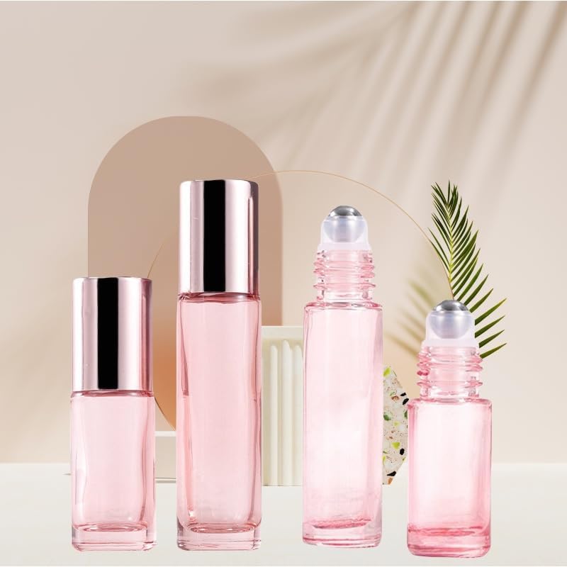 10 Pack Glass Essential Oil Roller Bottles,5ml Pink Roller Bottles with Stainless Steel Roller Balls,Refillable Massage Roller Bottle Perfume Bottle for Travel