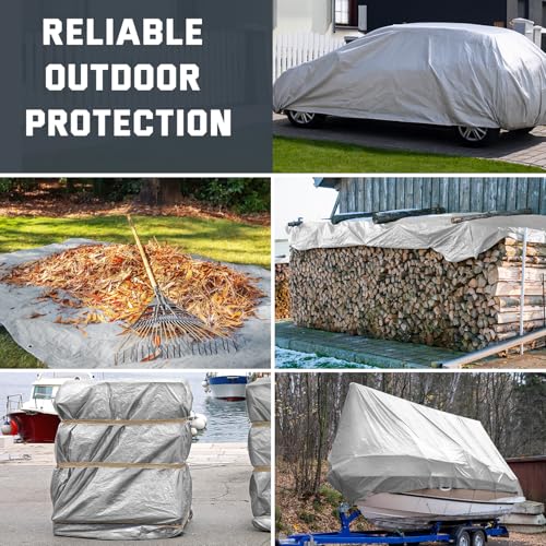 Kesfitt 12 Mil Heavy Duty Waterproof Tarp with Metal Grommets, 8x12 ft, Silver & Blue Reversible Poly Tarp for Outdoor Protection, Yard, Worksite, Pools, Vehicles, Equipment Coverage - size: 8x12 ft