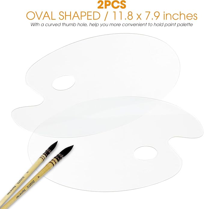 Acrylic Paint Palette 2pcs 11.8 x 7.9 inches with Thumb Hole by DUGATO, Clear Oval-Shaped Non-Stick Acrylic Oil Paint Mixing Tray- Comfortable to Hold & Easy to Clean - for DIY Art Painting Plate