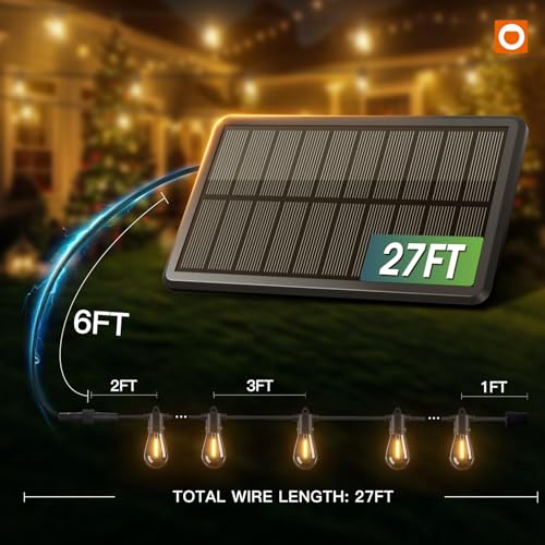 addlon 33FT (27+6) Solar String Lights for Outside Outdoor Waterproof with USB Port & Remote Control Solar Patio Lights Last for 20+Hrs Dimmable Solar Power LED Bulbs Hanging for Porch Garden Bistro - size: 27+6FT(9 Sockets)