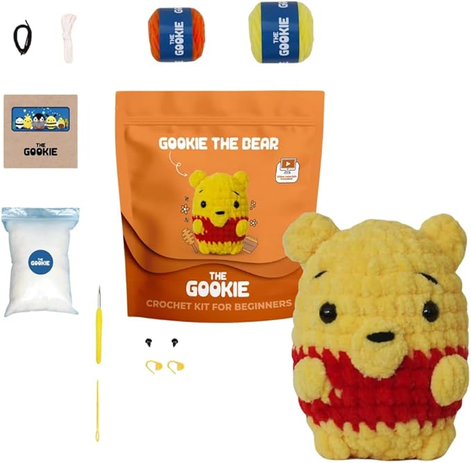 THE GOOKIE Amigurumi Crochet Kit for Beginners – DIY Crochet Kit with Yarn, Hook, Eyes & Stuffing – Easy Starter Set with Video Tutorials – Cute Plush Toy Craft Gift for Kids, Teens & Adults (Bear)