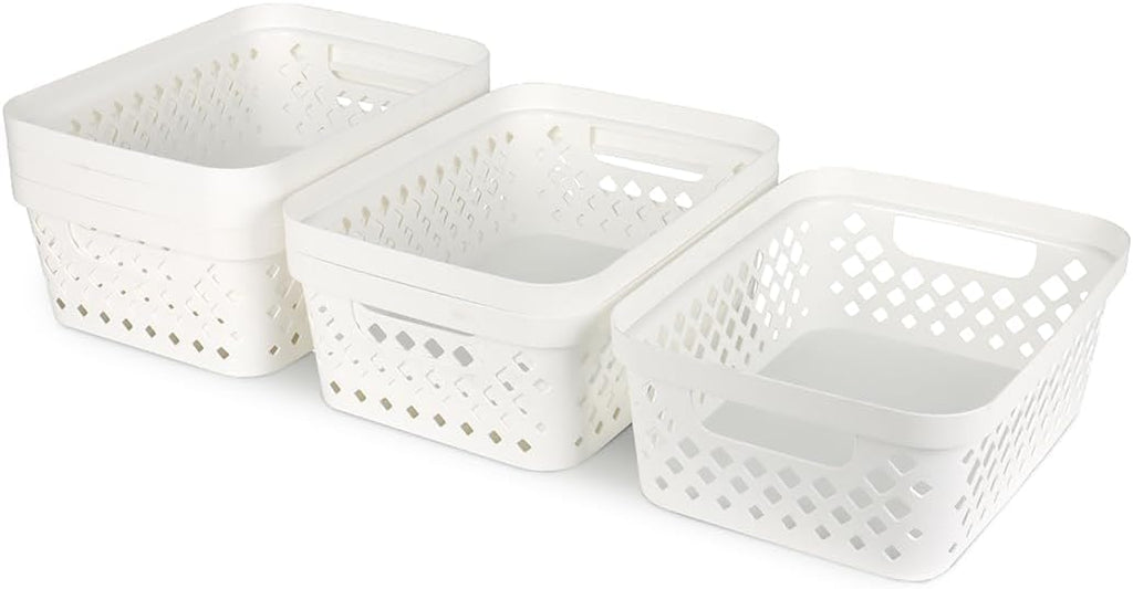 Glad Plastic Storage Basket Set, Value Pack of 6 | Open Storage Bins for Shelves, Bathroom, Pantry, Closet | Nesting Organizer Boxes with Handles, 2 Gallon, White