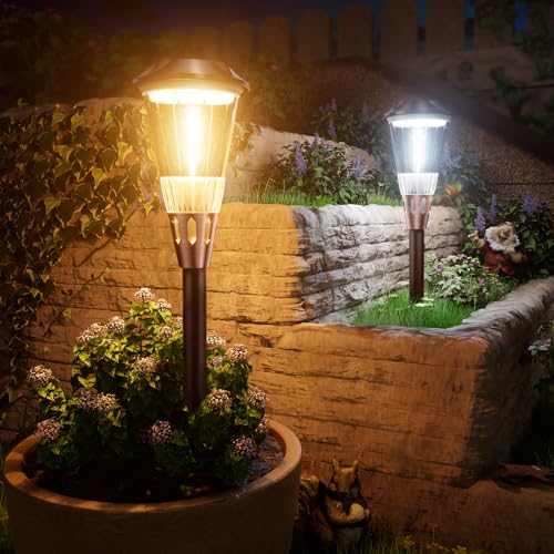 BITPOTT Bright Solar Lights Outdoor 6 Pack, 2-in-1 Warm&Cool Solar Pathway Lights Waterproof IP65, Auto On/Off Outdoor Light for Path Walkway Driveway Lawn - size: 6 Pack