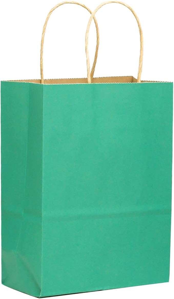 qiqee 60 pcs Kraft Bags with Handles 7.6"x4.75"x10.5" Medium Gift Paper Bag Mint Green Solid Color Bags