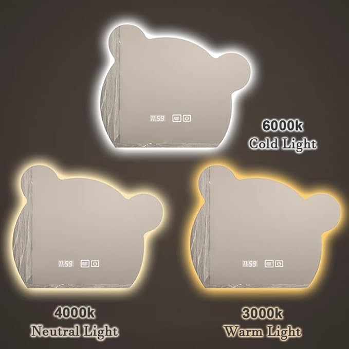 LTSRLL LED Vanity Mirror Cute Bear Decorative Mirror for Bathroom & Dressing Tabler Backlight Wall Mirror with 3 Color Dimmable Light Demister Pad Human Body Sensor Switch(Cut Left,80cmx95cm)