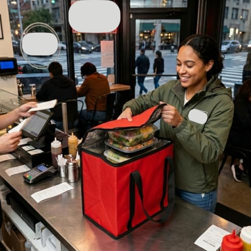 JoEzzy Insulated Bags – Large Thermal Food Delivery Bag & Reusable Shopping Tote – Heavy Duty Cooler Bag for Catering, Picnics, Beach, & Office Lunch – Collapsible, Stands Upright, Red - color: 4-Pack (Bag)