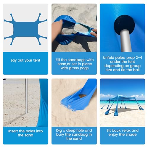 Beach Canopy Beach Tent Pop Up Shade 10x10ft Sun Shelter UPF50+ with 8 Sandbags-2 Sand Shovel-4 Aluminum Poles-Ground Pegs-Portable Carrying Bag for Outdoor Family Camping Fishing Yard Picnic - color: Turquoise