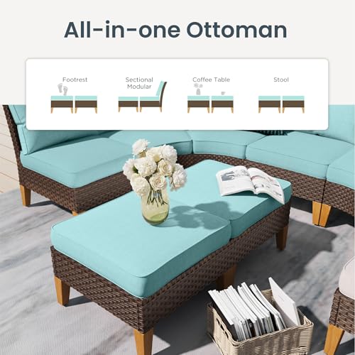 PHI VILLA 4-Piece Curved Patio Furniture Set, Half-Moon Wicker Sectional Furniture Sofa Set for 8 Seats with Cushioned 3 x Curved Sectionals and 2 x Ottoman, Aqua Blue - color: Aqua Blue, size: 8 Seats - Round