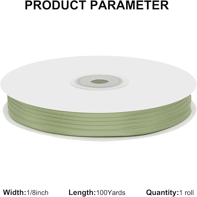 1/8" X 100 Yards Spring Moss Satin Thin Ribbon Solid Color Double Faced Ribbons Perfect for Crafts Wedding Decor Bow Making Arts Sewing and More