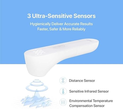 iHealth No-Touch Forehead Thermometer for Adults, Kids, Babies - 1s Fast Accurate, 3 Ultra-Sensitive Sensors, Quiet Vibration Feedback, Digital Large LED Digits, Easy to Use for Home & Nurses, PT3