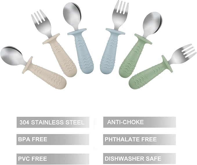 PandaEar 6 Pieces Baby Toddler Silicone Stainless Steel Utensils Silverware Spoon Fork for Baby Toddler BPA Free with Silicone Holding Anti-Choke Design (Blue Green Beige)