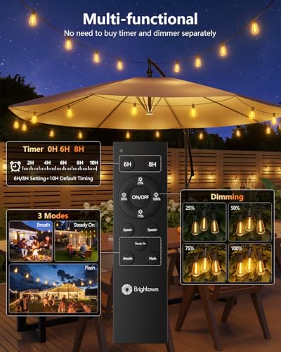 Brightown 38FT Solar String Lights Outdoor Waterproof with Remote, 15+1 LED Shatterproof Bulbs, Dimmable & Timable, 3 Light Modes - Commercial Grade Patio Lights for Garden Backyard Party Decor - size: 38FT(15+1 Sockets)