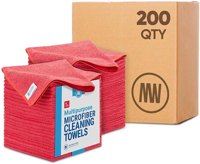 Microfiber Wholesale Bulk 16" x 16" All Purpose Towels Case Quantity (200 Count) | Large | No Fraying | High Density Microfiber | Zero Chemical Cleaner | Long-Lasting (Red)