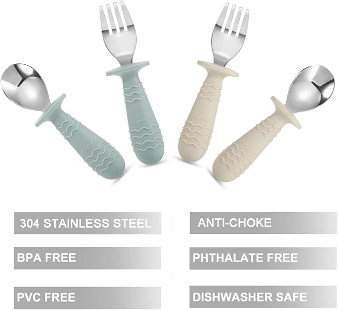 PandaEar 4 Set Baby Toddler Silicone Stainless Steel Utensils Silverware Spoon Fork for Baby Toddler BPA Free with Silicone Holding Anti-Choke Design