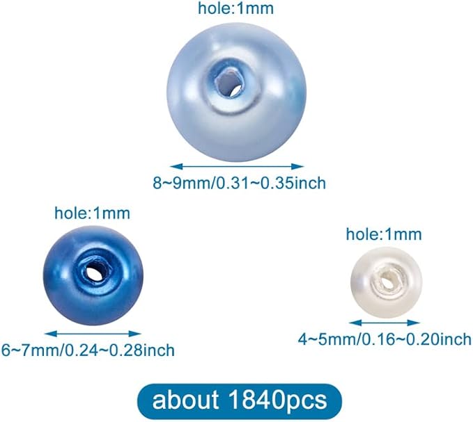 1840Pcs 4/6/8mm Glass Pearl Beads Multi Colors Round Spacer Pearlized Beads for DIY Craft Jewelry Making, Mixed Blue & White