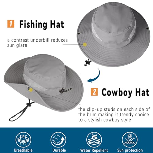ZOORON Sun Hats for Men Women, Wide Brim Safari Hats UV Protection UPF50+ Waterproof Boonie Hats for Fishing Hiking Camping - color: 2pack-gray+green