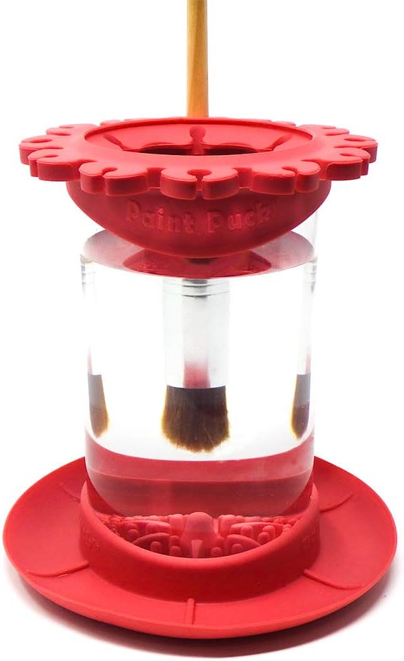 Paint Puck Ultimate Rinse Cup Paint Brush Cleaner (Red, Jar) - Non-Spill Paint Water Cup & Brush Cleaner with Brush Holder, Squeegee Lips & Drip Tray for Acrylic, Watercolor & Art Supplies