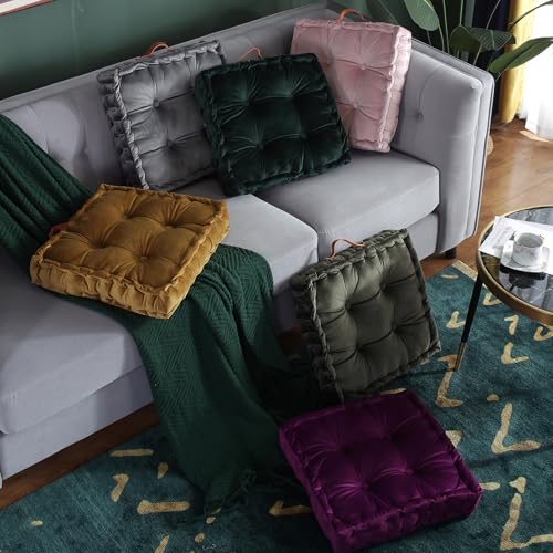vctops Square Solid Color Velvet Seat Cushion with Handle Tufted Thicken Chair Pad Tatami Floor Pillow Cushion 16.5"x16.5"x4" Mustard Yellow - color: Mustard Yellow