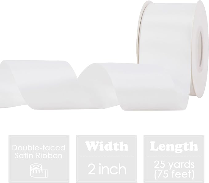 HUIHUANG White Satin Ribbon 2 inch Wide Double Side White Silk Fabric Ribbon for Crafts, Bows Making, Flower Bouquet Wrap, Gift Wrapping, Wedding Bridal Shower Decor, Home Decor -25 Yards/Roll