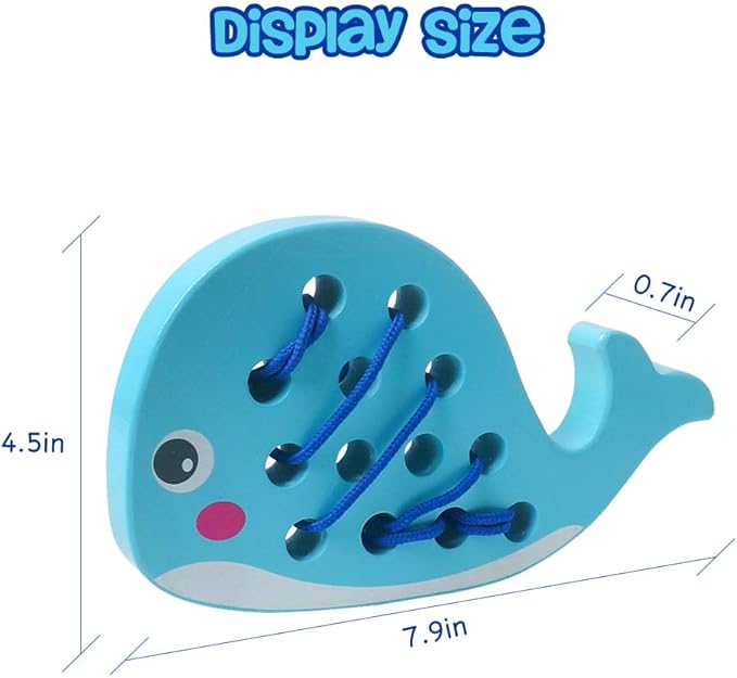 Skrtuan Wooden Lacing Whale Toy - Montessori Travel Puzzle Game with Car & Airplane, Fine Motor Skills Educational Toys for Toddlers 3 4 5 Years