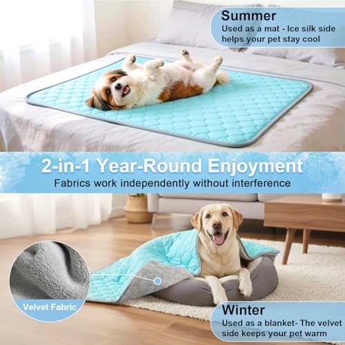 Vivifying Cooling Blanket for Dogs, Q-MAX>0.5 Reversible Ice Silk Dog Cooling Mat with Soft Plush Backing, Summer Pet Blanket Throw for Couch Bed Crate Floor Travel, 30 x 40 Inch (Blue&Grey) - size: M(30"x40")