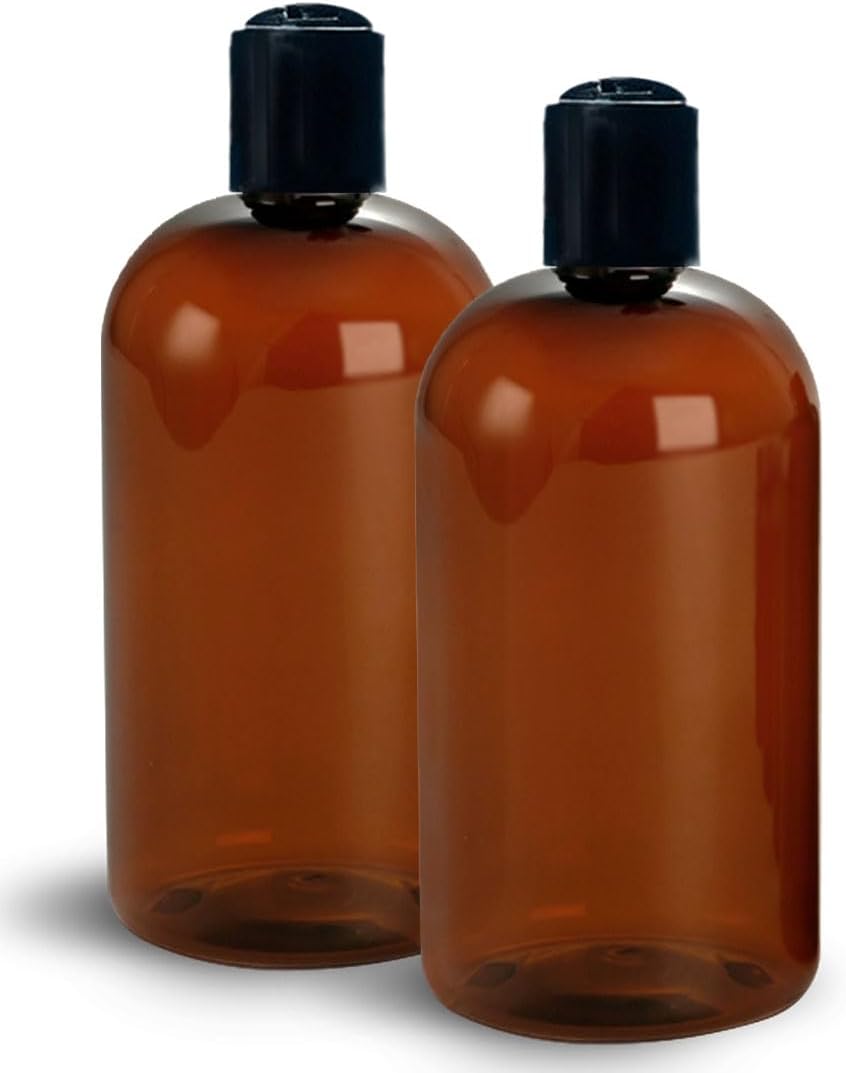ljdeals 16 oz Amber Plastic Empty Bottles with Black Disc Top Caps, Refillable Containers for Shampoo, Lotions, Cream and More, BPA Free, Pack of 2, Made in USA