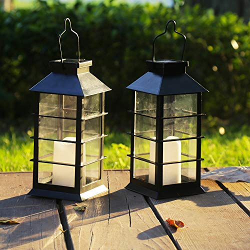 2 Pack Outdoor Garden Hanging Lanterns with Waterproof LED Flickering Flameless Candle Solar Powered Lights Yard Decor Outdoor Decorative for Pathway Courtyard Party Patio Christmas (Black)