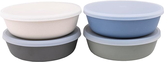 WeeSprout Bamboo Kids Bowls with Lids, Set of Four 15 oz Kid-Sized Bamboo Bowls, Bamboo Kid Bowls with Lids for Leftovers, Dishwasher Safe (Blue, Green, Gray, & Beige)